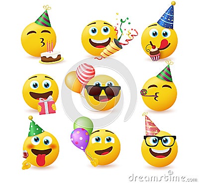 Smileys birthday vector set. Smiley emojis in party celebrating characters with gift, cake, confetti and party hats celebration. Cartoon Illustration