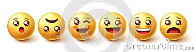 Smileys character vector set. Smiley 3d graphic design emojis in smiling, blushing and surprised face characters collection. Vector Illustration