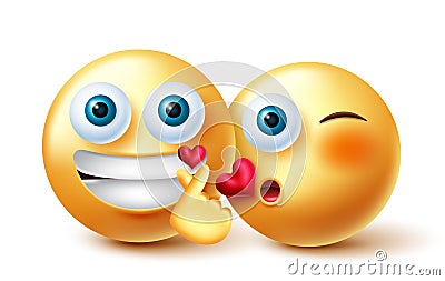 Smileys couple emoji vector design. Inlove 3d emoji characters in kissing and finger heart romantic gesture expression. Cartoon Illustration