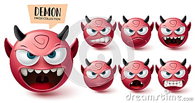 Smileys demon emoji vector set. Smiley emojis halloween red mascot character collection Vector Illustration