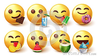 Smileys eating emoji vector set. Smiley emojis 3d eating and drinking foods like fruits and dessert isolated in white background. Vector Illustration