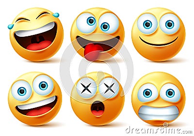 Smileys emoji and emoticon faces vector set. Smiley emojis or emoticons with crazy, surprise, funny, laughing, and scary. Vector Illustration