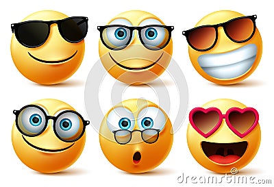 Smileys emoji or emoticon faces wearing sunglasses and eyeglasses vector set. Smileys emoticons or icon face head. Vector Illustration