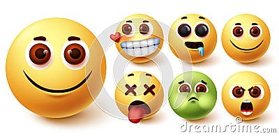 Smileys emoji vector set. Smiley emojis cute yellow face in happy, in love, hungry, tired Vector Illustration