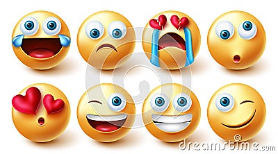 Smileys emoji vector set. Smiley emoticons graphic 3d design in funny, cute and sad broken hearted face emotions for emojis. Vector Illustration