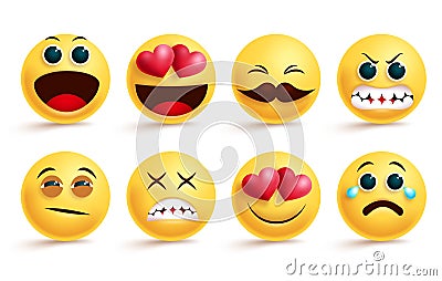 Smileys emoji vector set. Smiley yellow face emojis and emoticons with different facial expressions. Vector Illustration