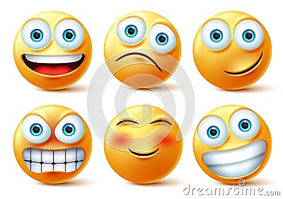 Smileys emojis and emoticons face vector set. Smiley emoji cute faces in happy, angry and funny facial expression. Vector Illustration