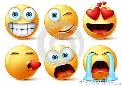 Smileys emojis and emoticons face vector set. Smiley icon or emoticon of cute yellow faces in kissing, in love, crying, surprise. Vector Illustration