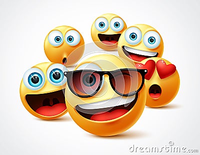 Smileys emojis famous celebrity vector concept. Famous smiley emoticon yellow faces group in 3d realistic avatar. Vector Illustration