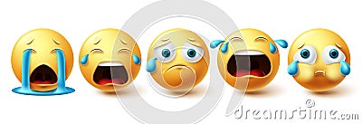 Smileys emoticon crying vector set. Smiley emojis sad collection and yellow icon for graphic elements Vector Illustration