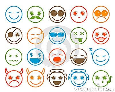 Smileys emoticon vector icons set in flat line circle button Vector Illustration