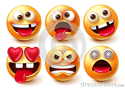 Smileys emoticon vector set. Smiley 3d emoji characters with expressions and emotions like in love, crazy, funny and angry. Vector Illustration