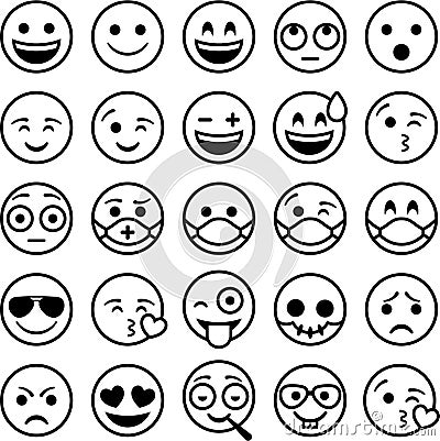 25 Smileys Emoticons. Black outline on white b. Vector Illustration