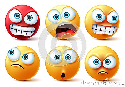 Smileys emoticons face vector set. Smiley yellow icon and emoticon faces with angry red, surprise, cute, crazy and funny. Vector Illustration