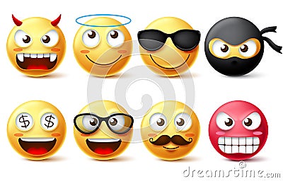 Smileys and emoticons vector character set. Smiley face yellow emoji like demon, angel, ninja, bearded face and wearing sunglasses Vector Illustration