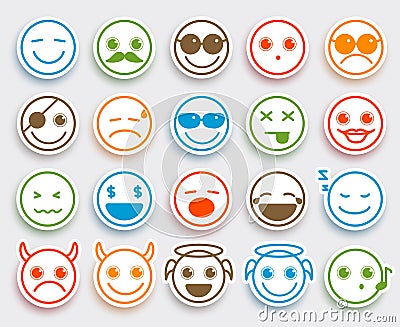 Smileys face vector emoticons set in white flat icon sticker Vector Illustration