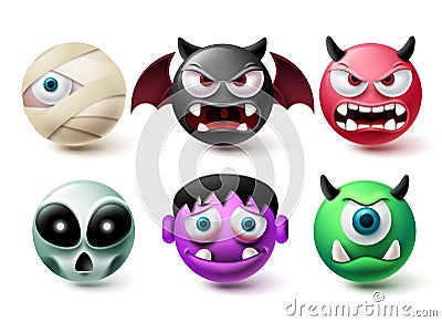 Smileys halloween emoji vector set. Smiley emojis horror character icon collection Vector Illustration
