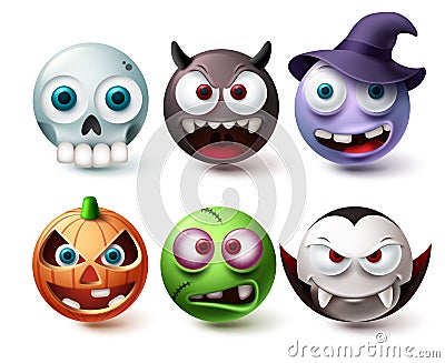 Smileys halloween emoji vector set. Smiley emojis horror character mascot collection Vector Illustration