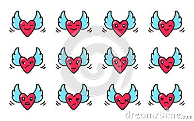 Smileys of hearts with wings in the style of kawaii. Vector Illustration