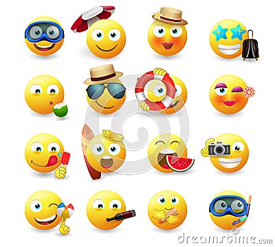 Smileys summer emoticon vector set. Smiley emoji in yellow icon with summer character with beach and travel elements isolated. Vector Illustration