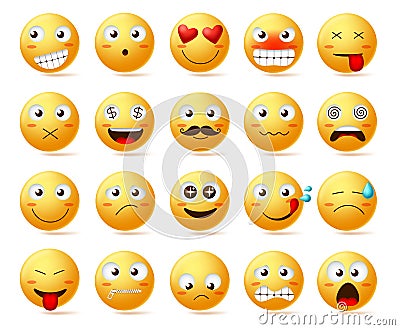 Smileys vector icon set. Smiley face or yellow emoticons with facial expressions and emotions Vector Illustration