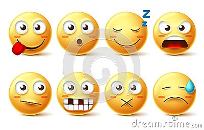 Smileys vector set with funny facial expressions. Smiley face cute emoticons with sleepy, toothless, angry and naughty Vector Illustration