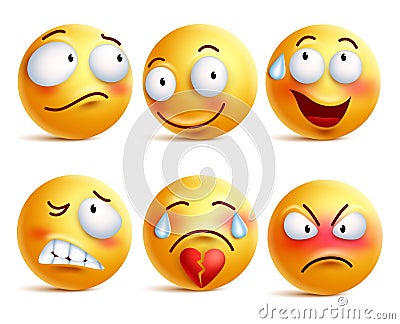 Smileys vector set. Smiley face or yellow emoticons with facial expressions Vector Illustration