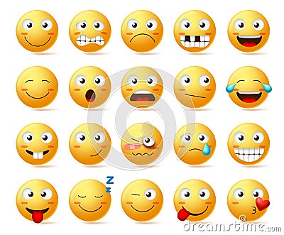 Smileys vector set. Smiley face or yellow emoticons with various facial expressions and emotions Vector Illustration