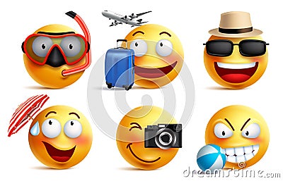 Smileys vector set with summer and travel outfits. Smiley face emoticons Vector Illustration