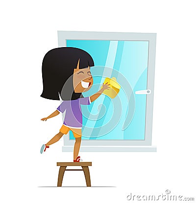 Smilind girl washing window, Concept of Montessori engaging educational activities. Cartoon vector illustration Vector Illustration