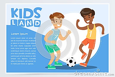 Smiling active boy playing soccer, kids land banner flat vector element for website or mobile app Vector Illustration