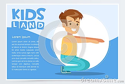 Smiling active boy squatting, kids land banner flat vector element for website or mobile app Vector Illustration