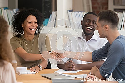 Smiling African American businesswoman handshaking with business partner Stock Photo