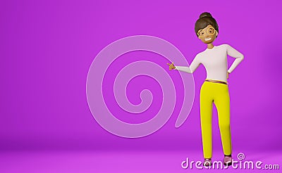 Smiling African American character girl finger points empty space advertisement design on purple background 3D rendering Stock Photo