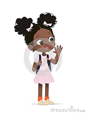Smiling African American girl happily waving her hand. Surprised school girl have fun. Vector illustrations. Cartoon Illustration