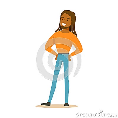 Smiling African American man with dreadlocks standing. Colorful cartoon character vector Illustration Vector Illustration