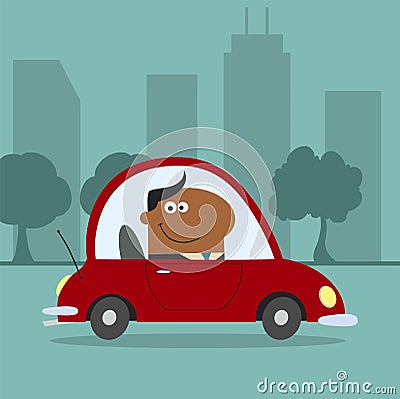 Smiling African American Manager Driving Car To Work In City Vector Illustration