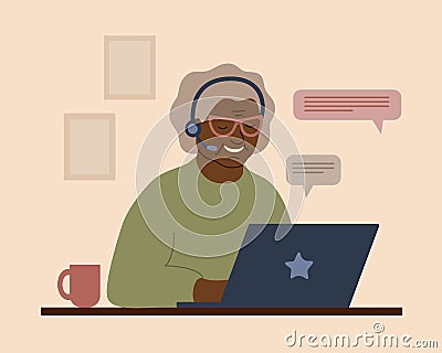 A smiling African grandmother in headphones with a laptop. An elderly woman communicates, studies, works or shoppes Vector Illustration