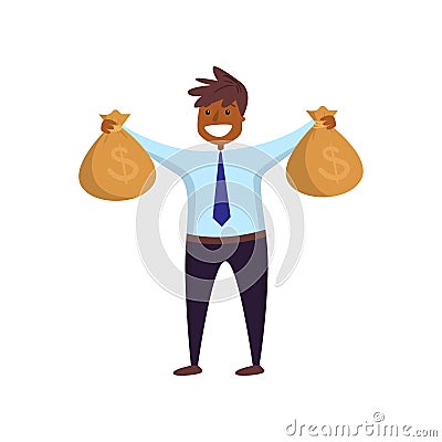 Happy smiling afro-american employee holding two bags of money turned to viewer Vector Illustration