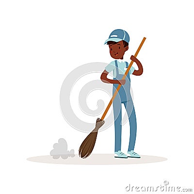Smiling afro-american kid sweeping floor with broom. Young volunteer at work. Teenager boy in blue working overall, t Vector Illustration