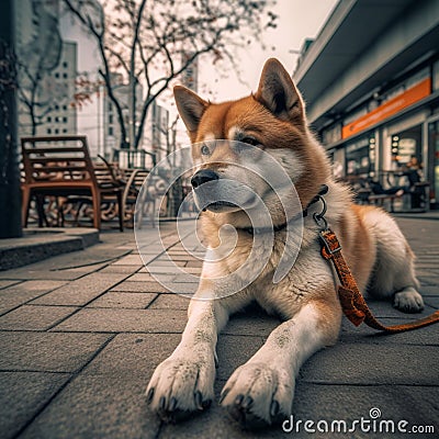 Akita dog lying on urban sidewalk. Generative by Ai. Stock Photo