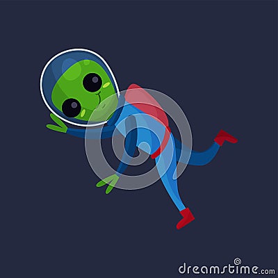 Smiling alien with big eyes wearing blue space suit flying in Space, alien positive character cartoon Illustration Stock Photo