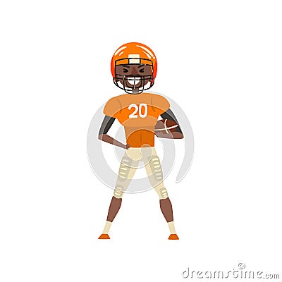 Smiling American football player wearing uniform standing with ball vector Illustration on a white background Vector Illustration