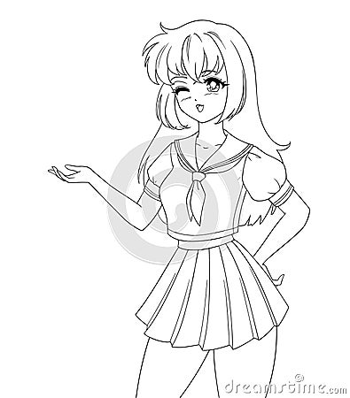 Cute anime manga girl wearing school uniform. Vector Illustration