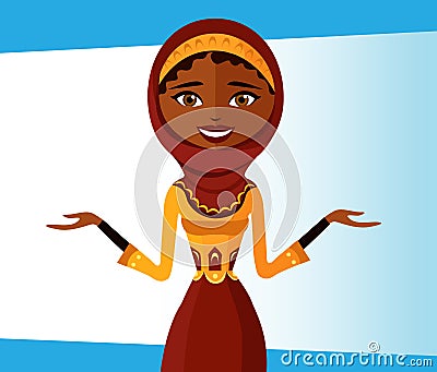 Smiling arab office woman presents something. Presenting muslim Vector Illustration