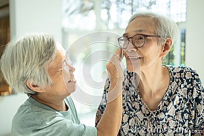 Smiling asian female elderly person wipe sweat on the skin face of the senior sister and talk happily,old people visited her aged Stock Photo