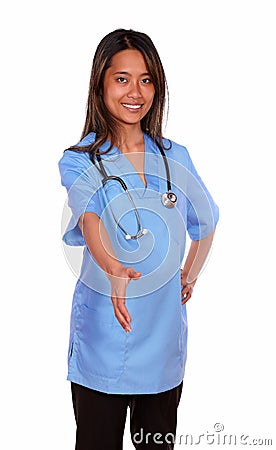 Smiling asiatic nurse woman extending handshake Stock Photo