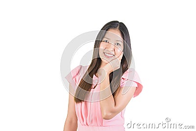 Smiling attractive asian young woman using hand touch the cheek Stock Photo
