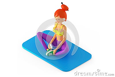 Smiling attractive fitness woman sitting in lotus pose 3D render isometric view Cartoon Illustration