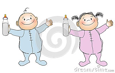 Smiling Babies Boy and Girl Cartoon Illustration